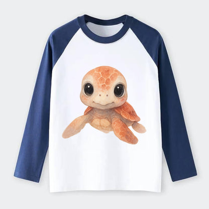 Baby Loggerhead Turtle - reddish-brown shell, big round dark eyes, - Raglan Long Sleeve T-Shirt - Blue