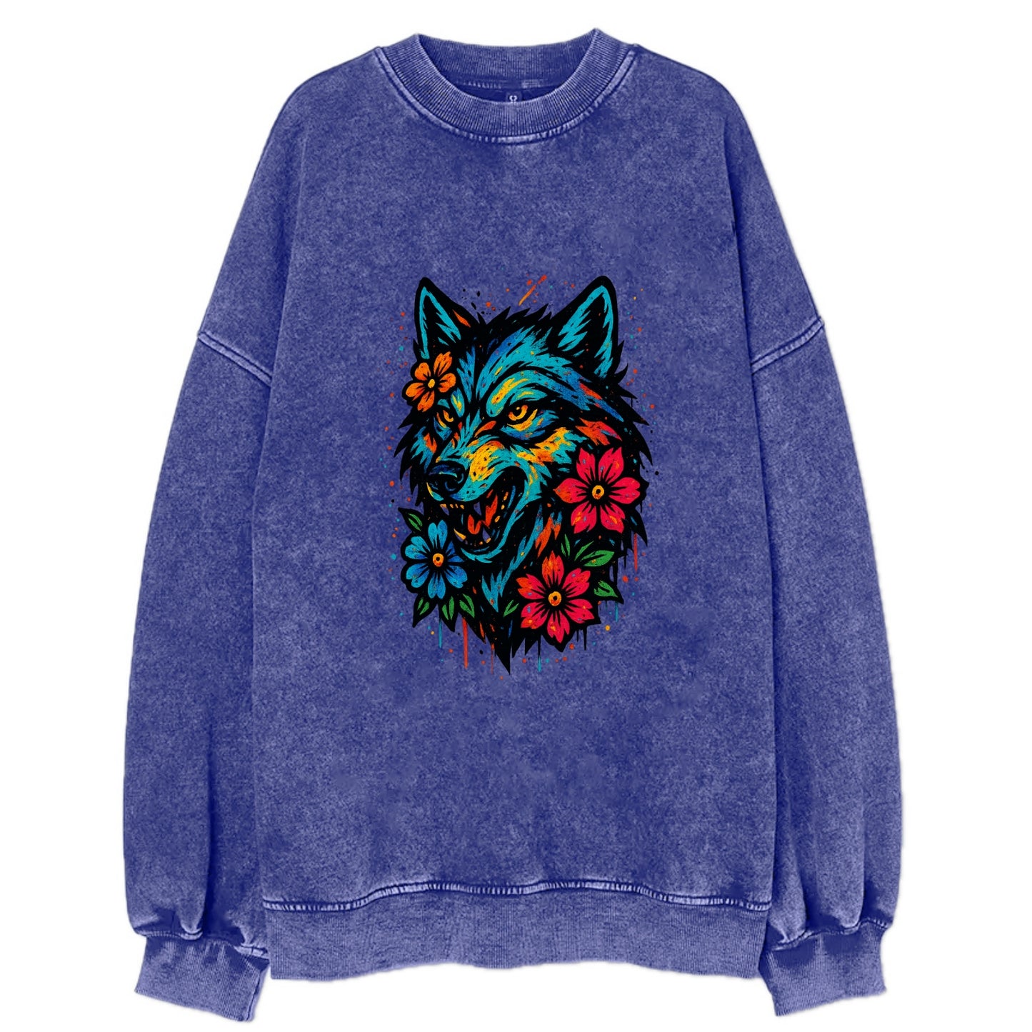 Floral Wolf Garden  - Vintage Sweatshirt - Blue