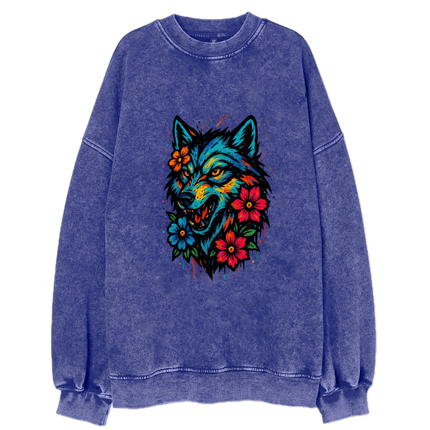 Floral Wolf Garden  - Vintage Sweatshirt - Blue