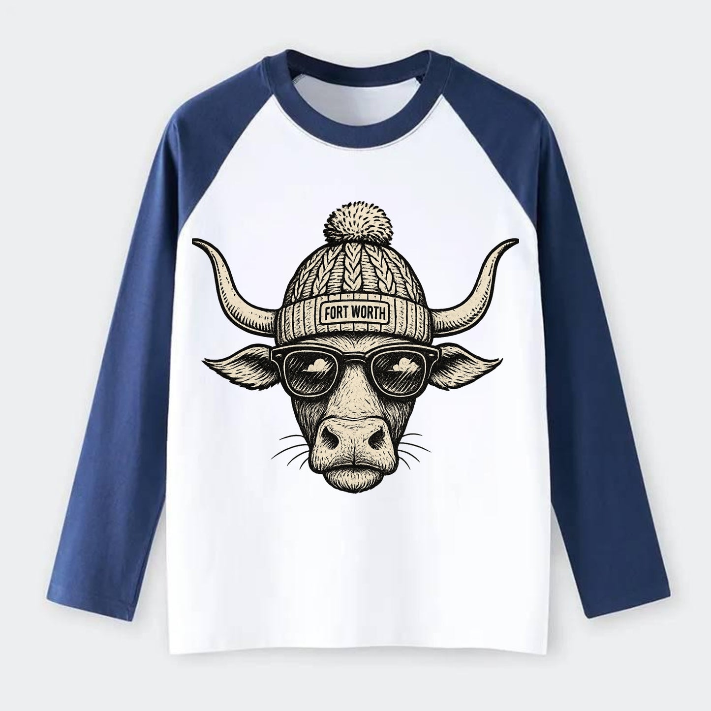 Fort Worth Longhorn wearing Fort Worth beanie with pom pom and - Raglan Long Sleeve T-Shirt - Blue
