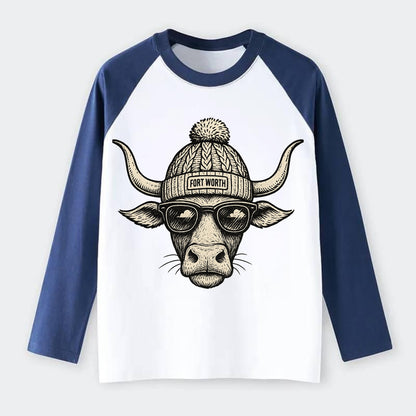 Fort Worth Longhorn wearing Fort Worth beanie with pom pom and - Raglan Long Sleeve T-Shirt - Blue