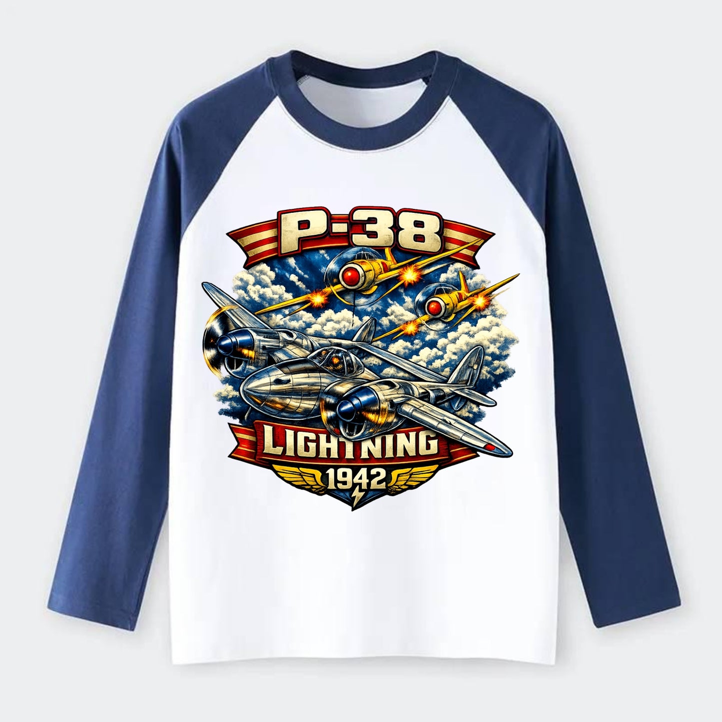P 38 Lightning - Raglan Long Sleeve T-Shirt - Blue
