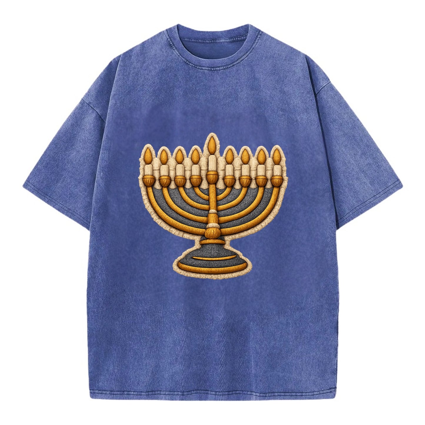 MENORAH LIGHTS - nine branch candelabra in gold and blue , Hanukkah - Vintage T-shirt - Blue