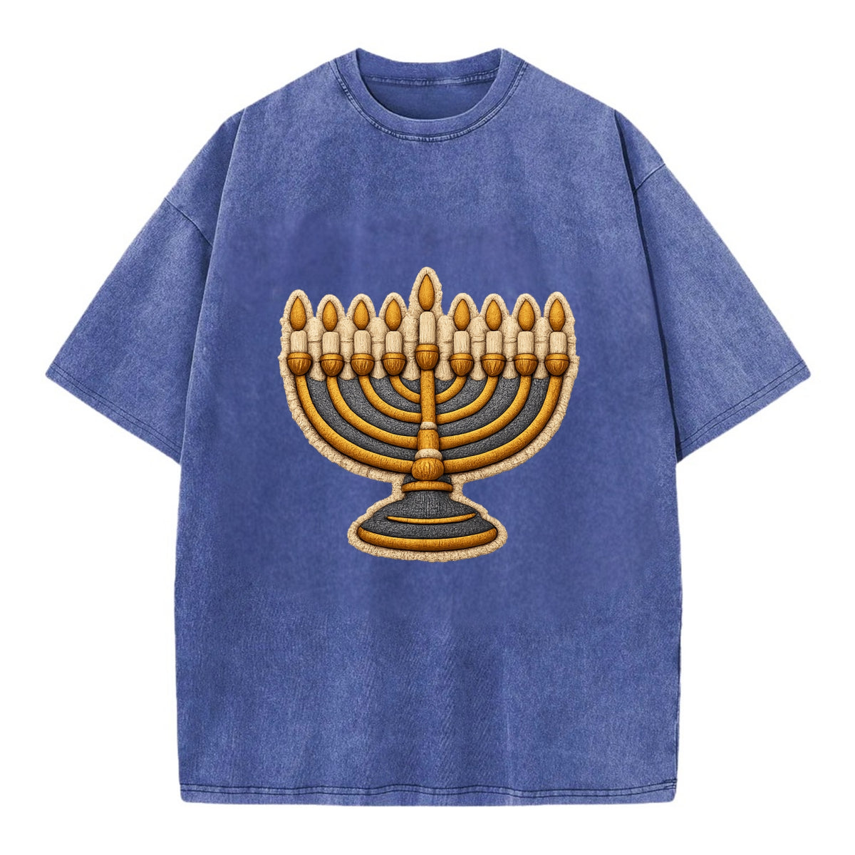 MENORAH LIGHTS - nine branch candelabra in gold and blue , Hanukkah - Vintage T-shirt - Blue