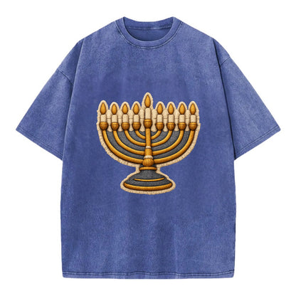 MENORAH LIGHTS - nine branch candelabra in gold and blue , Hanukkah - Vintage T-shirt - Blue