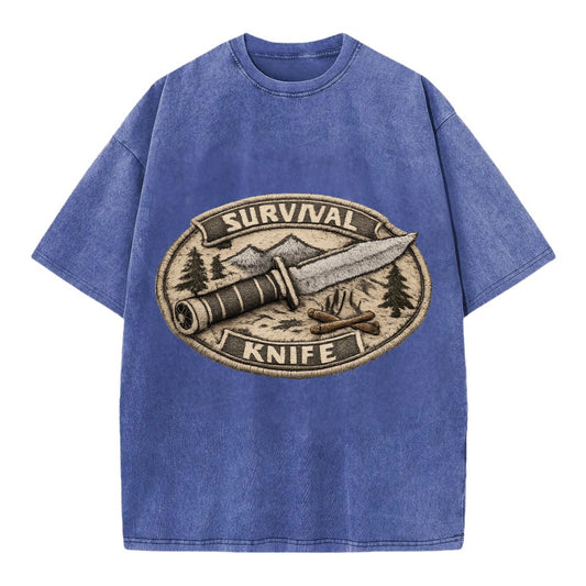 SURVIVAL KNIFE - fixed blade with compass in silver and black , bushcraft - Vintage T-shirt - Blue