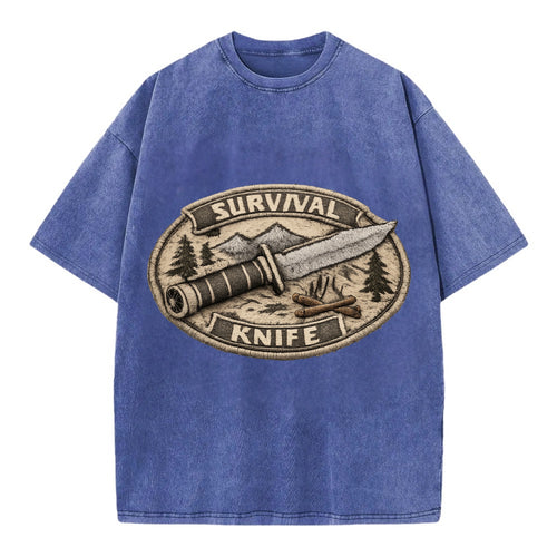 SURVIVAL KNIFE - fixed blade with compass in silver and black , bushcraft - Vintage T-shirt