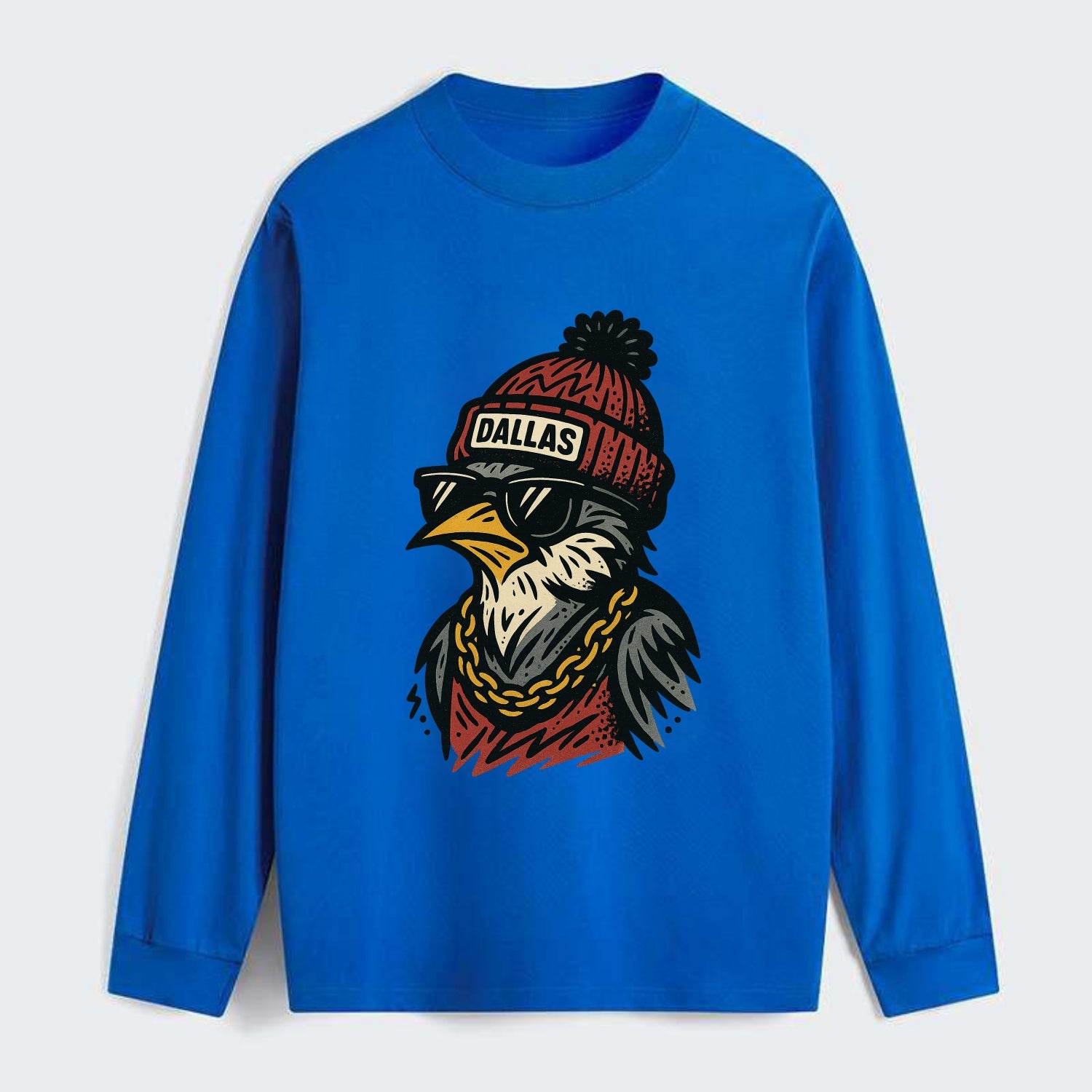 Dallas Mockingbird wearing Dallas beanie with pom pom and wayfarer - Classic Long Sleeve Shirt - Blue