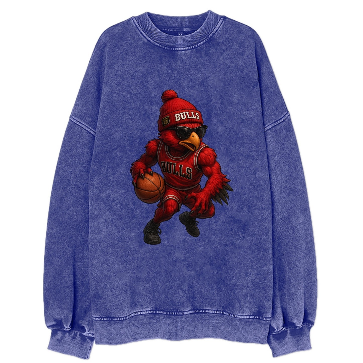 Windy City Hawk wearing Bulls beanie with six rings patch and wayfarer - Vintage Sweatshirt - Blue