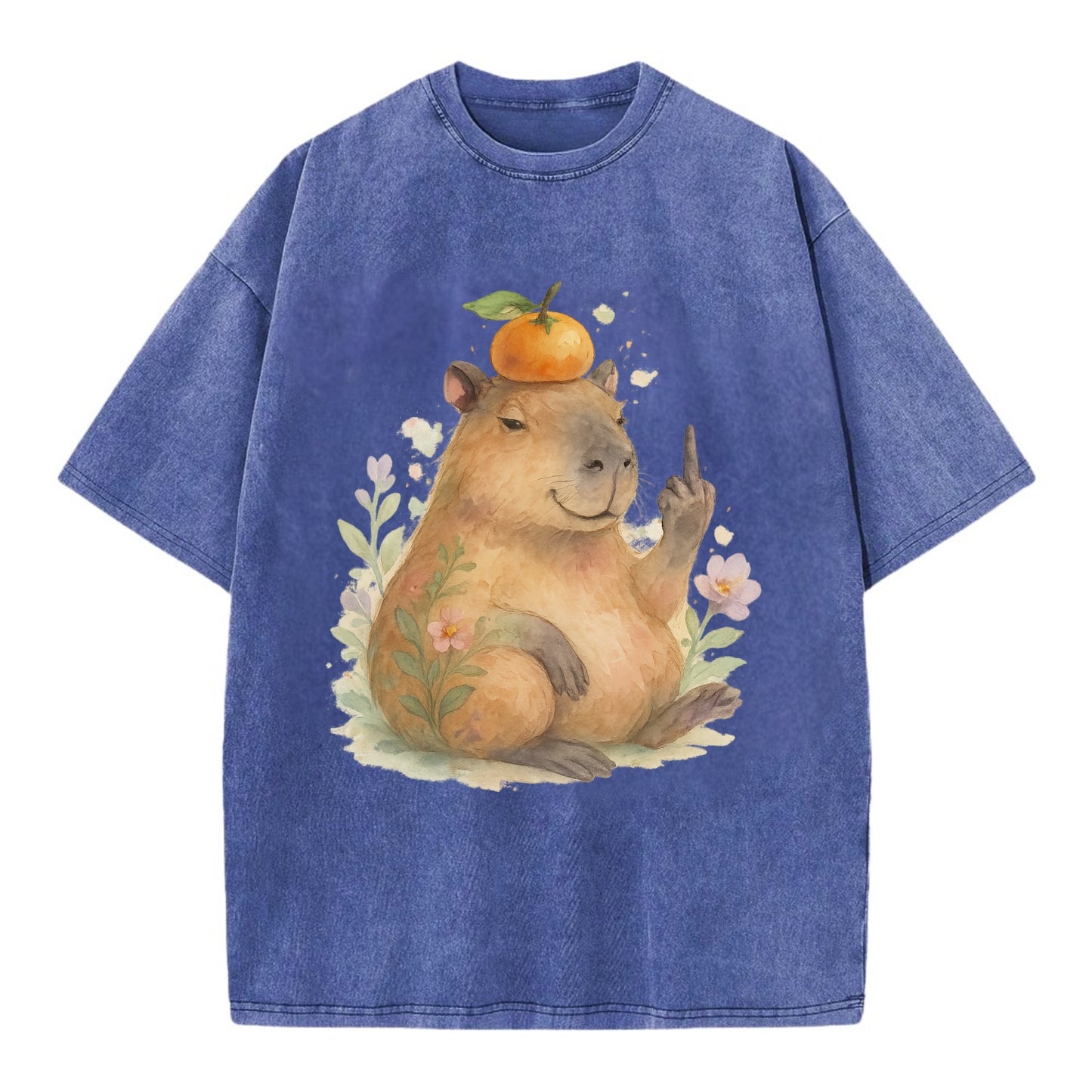 chonky capybara relaxing with orange on head, one webbed middle finger up - Vintage T-shirt - Blue
