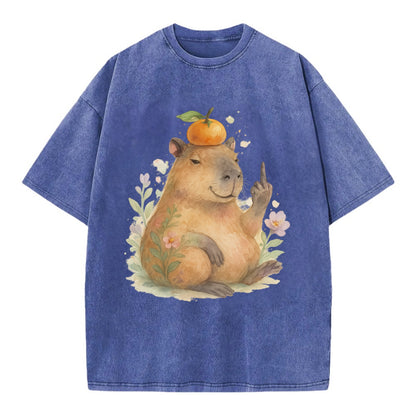 chonky capybara relaxing with orange on head, one webbed middle finger up - Vintage T-shirt - Blue