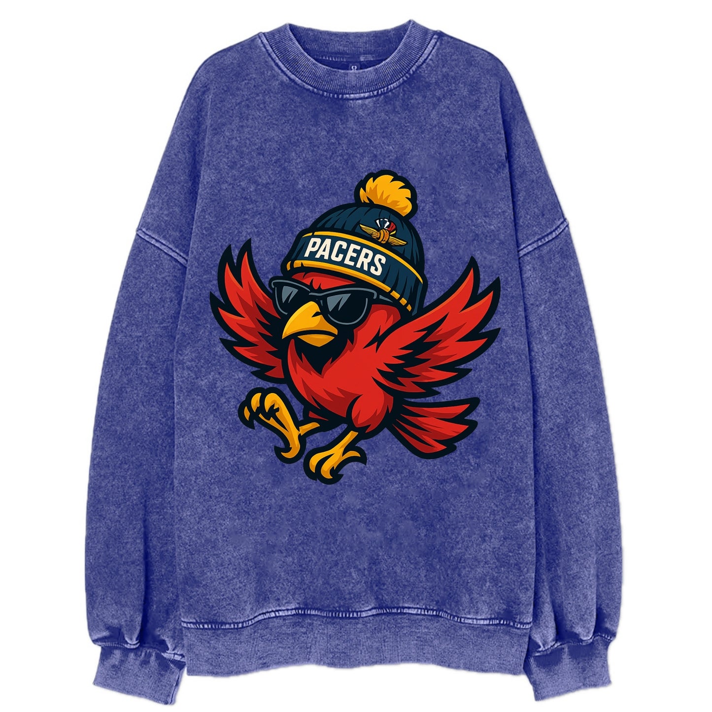 Indiana Cardinal wearing Pacers beanie with speedway patch and wayfarer - Vintage Sweatshirt - Blue