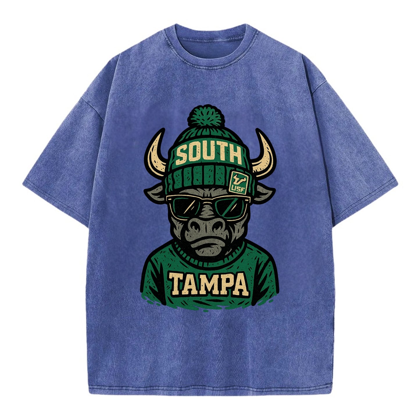 Tampa Bull wearing South Florida beanie with USF patch - Vintage T-shirt - Blue