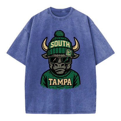 Tampa Bull wearing South Florida beanie with USF patch - Vintage T-shirt - Blue
