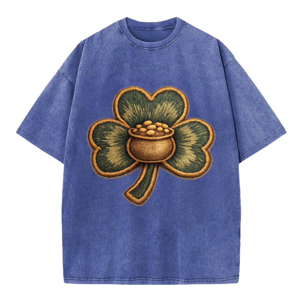 ST PATRICKS CLOVER - lucky clover with gold in green and gold , Irish luck - Vintage T-shirt - Blue