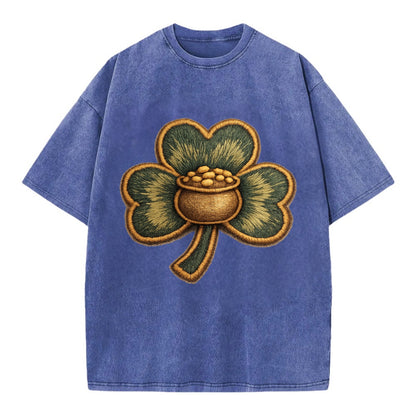 ST PATRICKS CLOVER - lucky clover with gold in green and gold , Irish luck - Vintage T-shirt - Blue