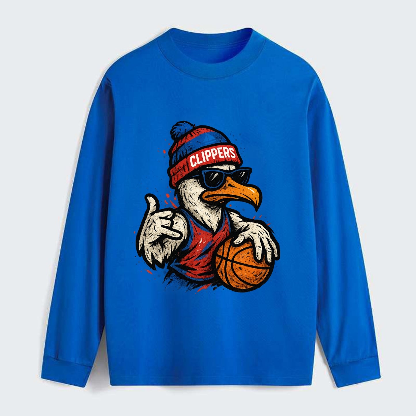 LA Seagull wearing Clippers red white and blue beanie with ship patch - Classic Long Sleeve Shirt - Blue