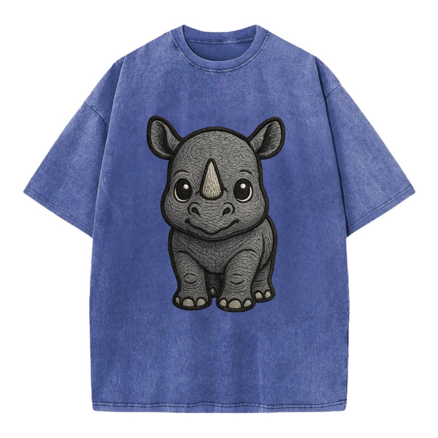 Baby Rhino - gray armor skin, tiny horn nub, round eyes, front-facing, tank baby - Vintage T-shirt - Blue