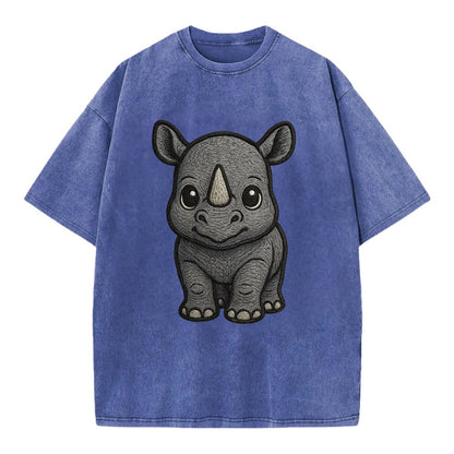 Baby Rhino - gray armor skin, tiny horn nub, round eyes, front-facing, tank baby - Vintage T-shirt - Blue