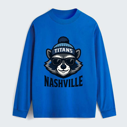 Nashville Raccoon wearing Titans navy and light blue beanie with pom - Classic Long Sleeve Shirt - Blue