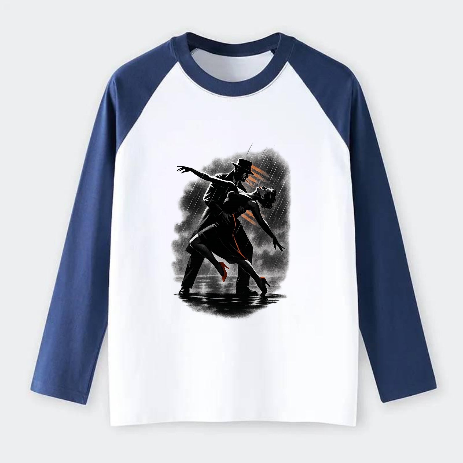 romantic dance pose with woman lifted in the air at lakeside - Raglan Long Sleeve T-Shirt - Blue
