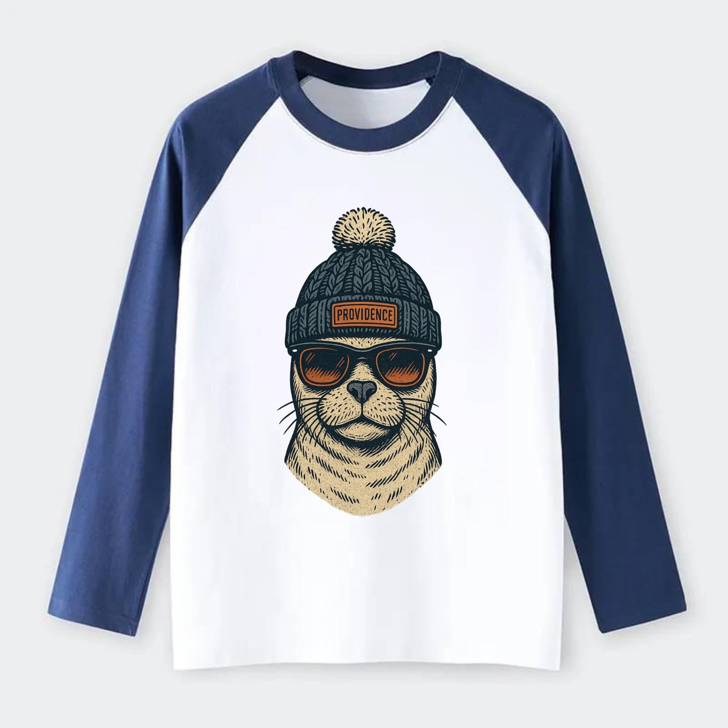 Rhode Island Harbor Seal wearing Providence beanie with pom pom and - Raglan Long Sleeve T-Shirt - Blue