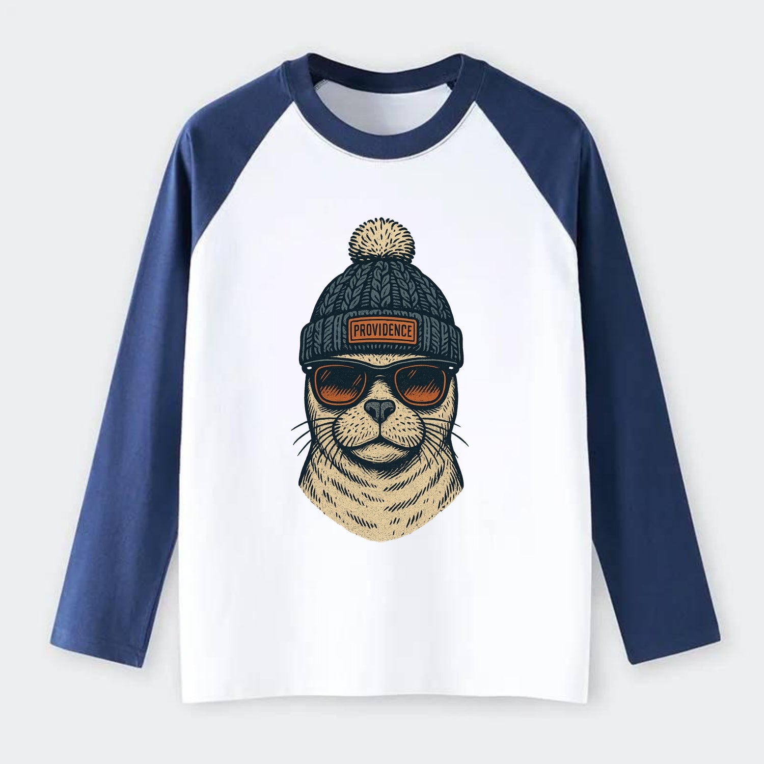 Rhode Island Harbor Seal wearing Providence beanie with pom pom and - Raglan Long Sleeve T-Shirt - Blue