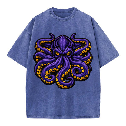 KRAKEN TENTACLES - sea monster in purple and black , deep sea - Vintage T-shirt - Blue