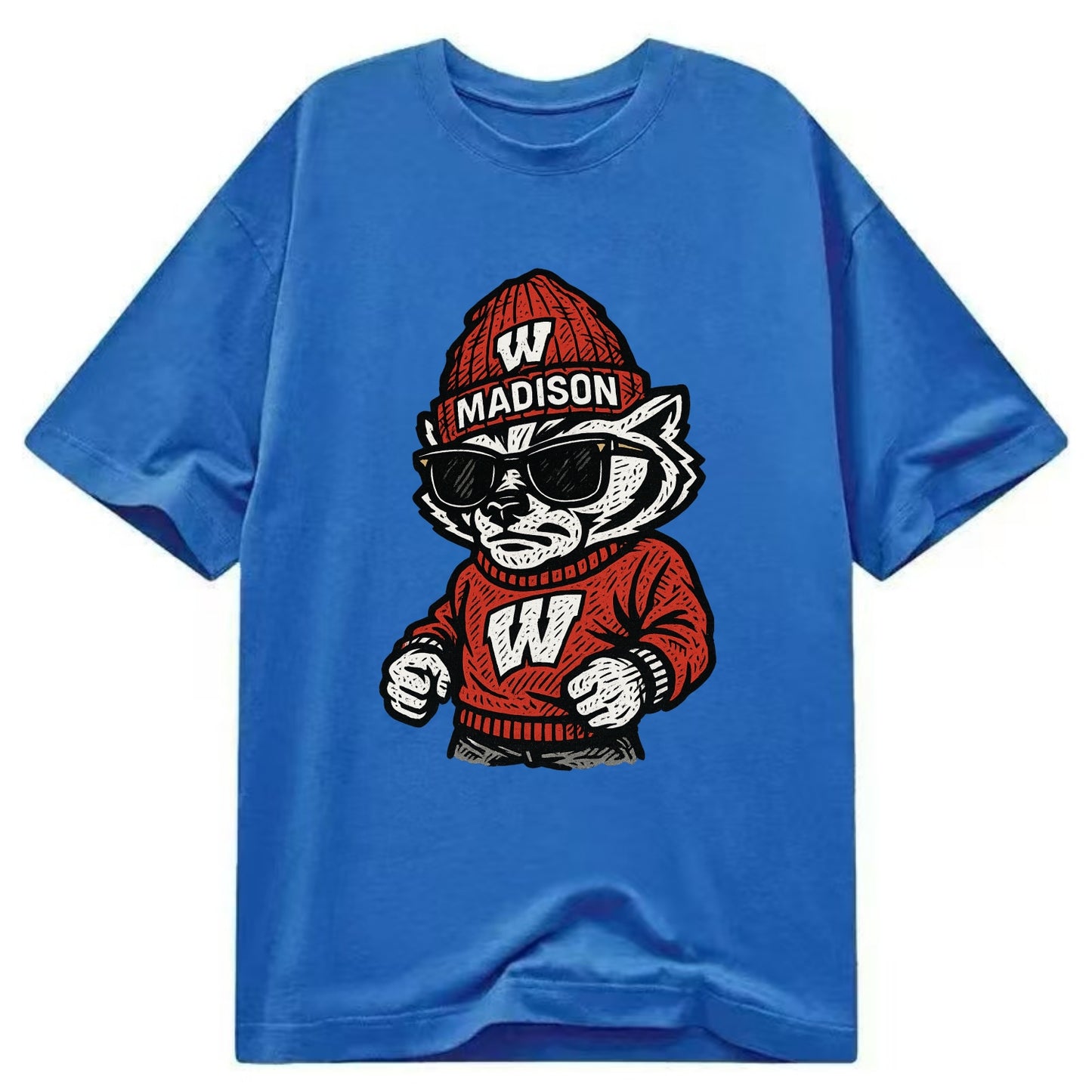 Madison Badger wearing Wisconsin beanie with motion W patch - Classic T-shirt - Blue