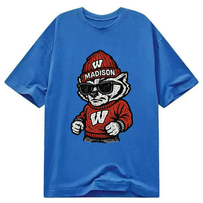 Madison Badger wearing Wisconsin beanie with motion W patch - Classic T-shirt - Blue