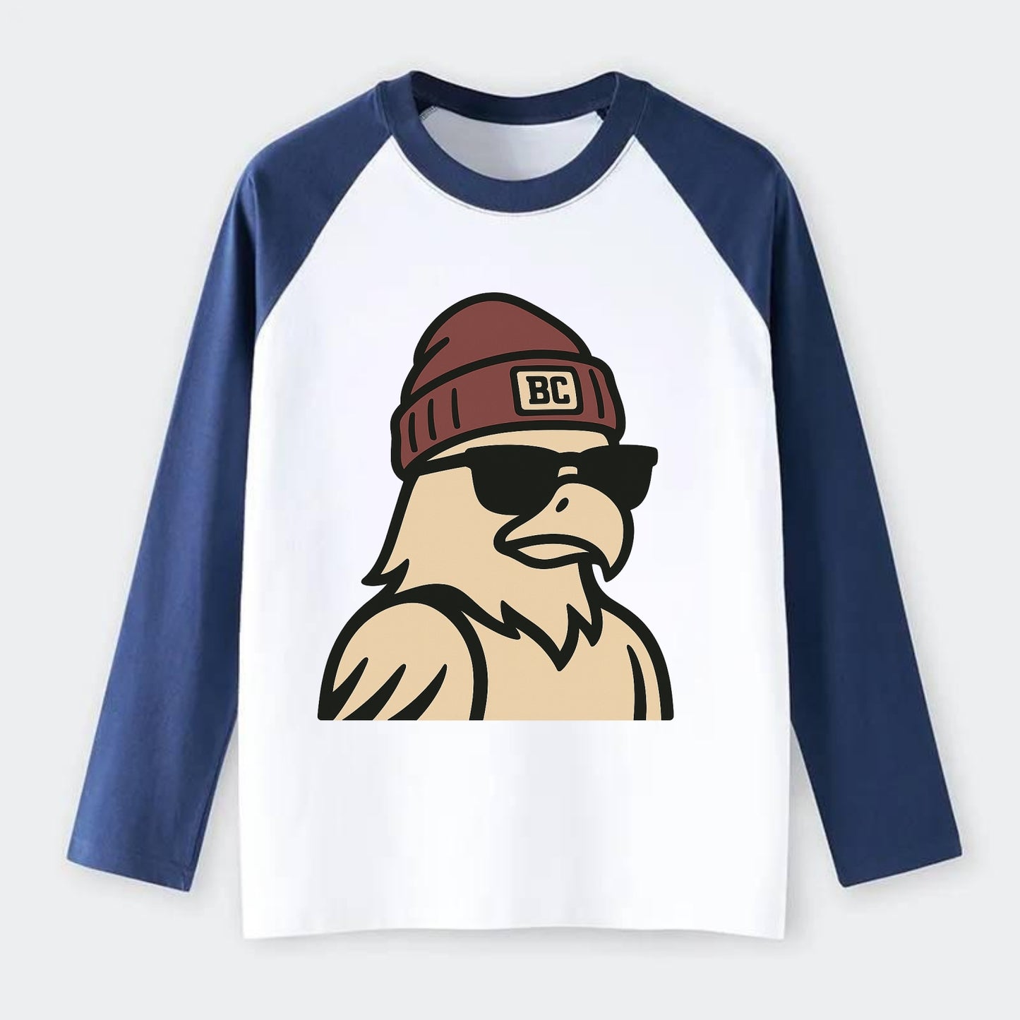 Chestnut Hill Eagle wearing Boston College beanie with BC patch - Raglan Long Sleeve T-Shirt - Blue
