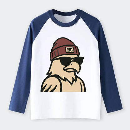 Chestnut Hill Eagle wearing Boston College beanie with BC patch - Raglan Long Sleeve T-Shirt - Blue