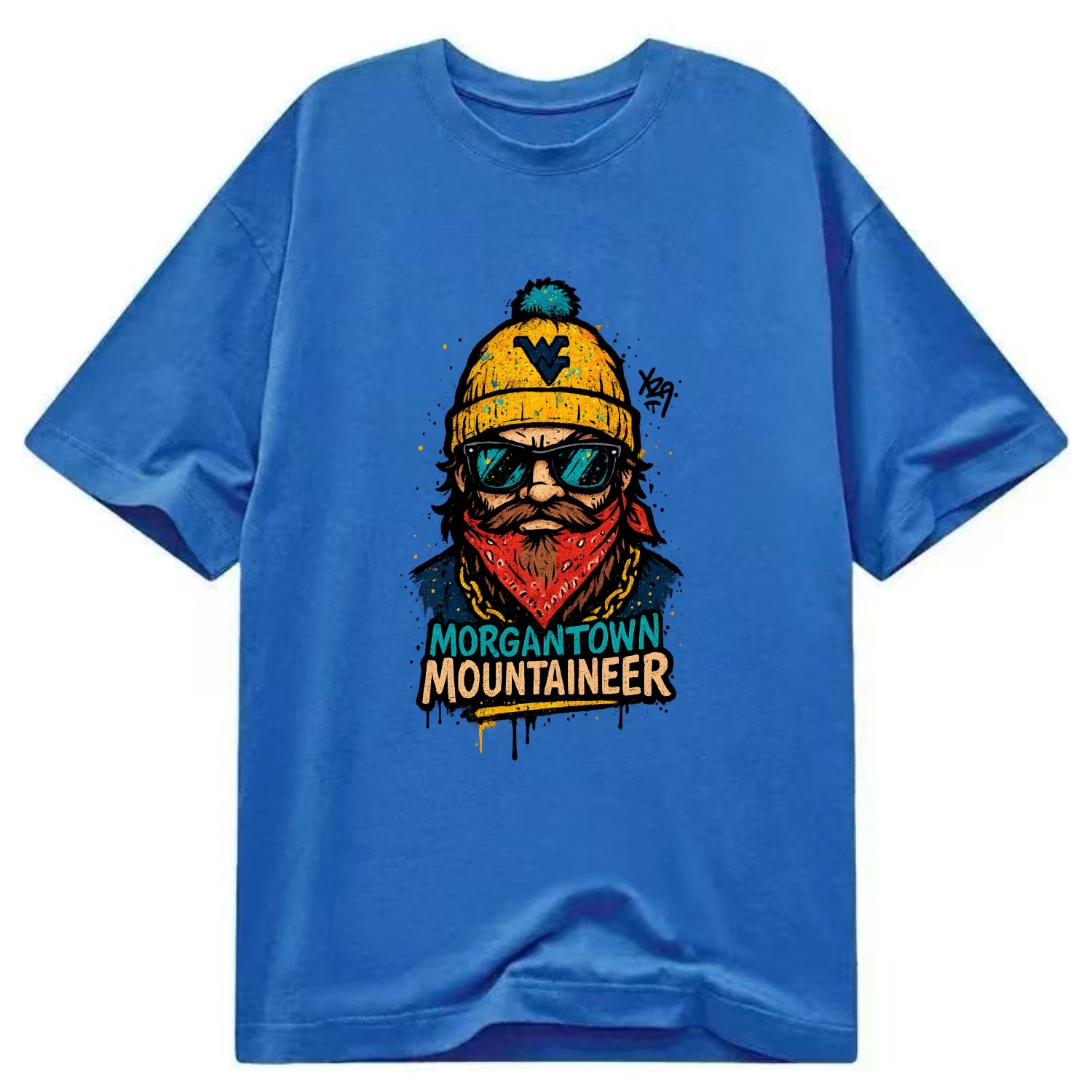 Morgantown Mountaineer wearing West Virginia beanie with WV patch - Classic T-shirt - Blue