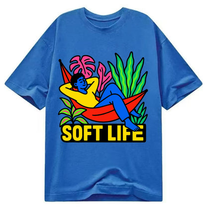 Person relaxing in hammock with plants - "soft life" aesthetic, peaceful living - Classic T-shirt - Blue