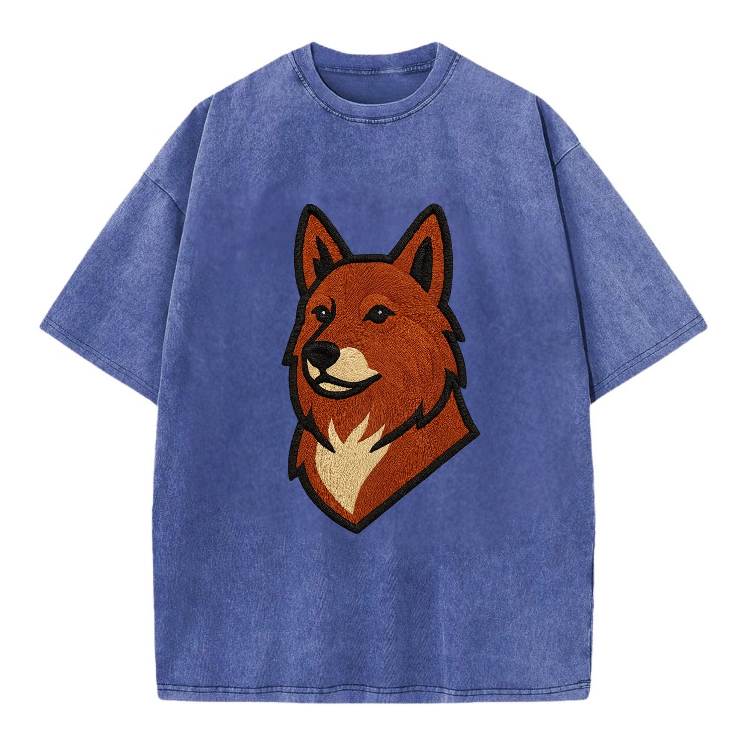Finnish Spitz - Fox-red pointed ears embroidered pose - Vintage T-shirt - Blue