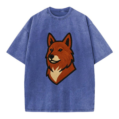 Finnish Spitz - Fox-red pointed ears embroidered pose - Vintage T-shirt - Blue