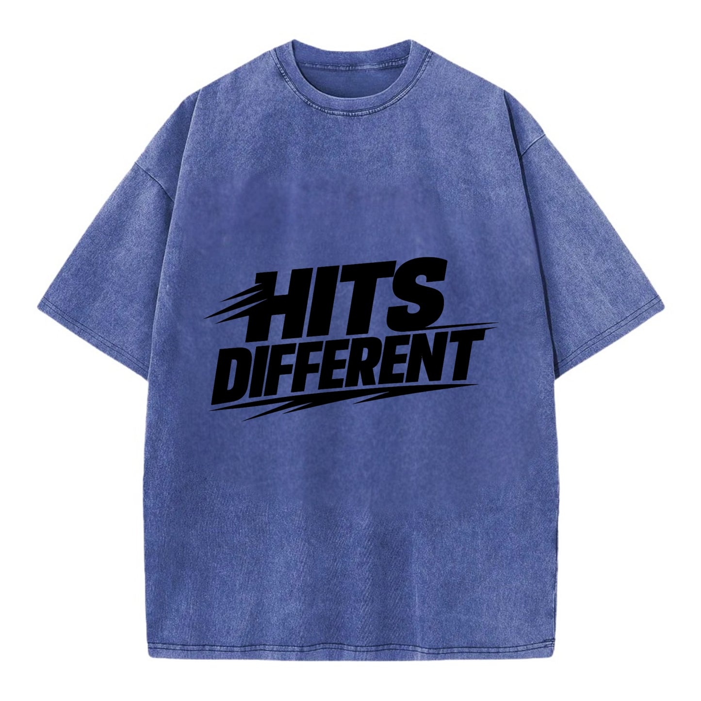 Bold typography design - "HITS DIFFERENT" - uniquely special, stands out - Vintage T-shirt - Blue