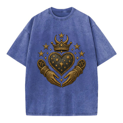 Weathered antique brass crown above a hammered gunmetal heart framed by ivy-woven - Vintage T-shirt - Blue