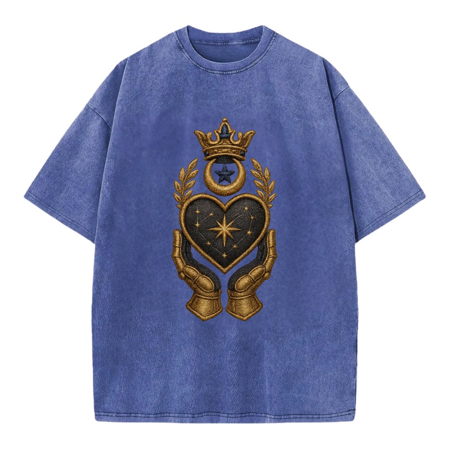 Crowned heart with Art Deco sunburst crown and geometric filigree hands cradling - Vintage T-shirt - Blue