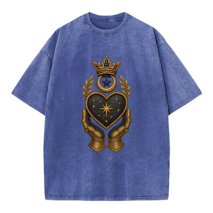 Crowned heart with Art Deco sunburst crown and geometric filigree hands cradling - Vintage T-shirt - Blue