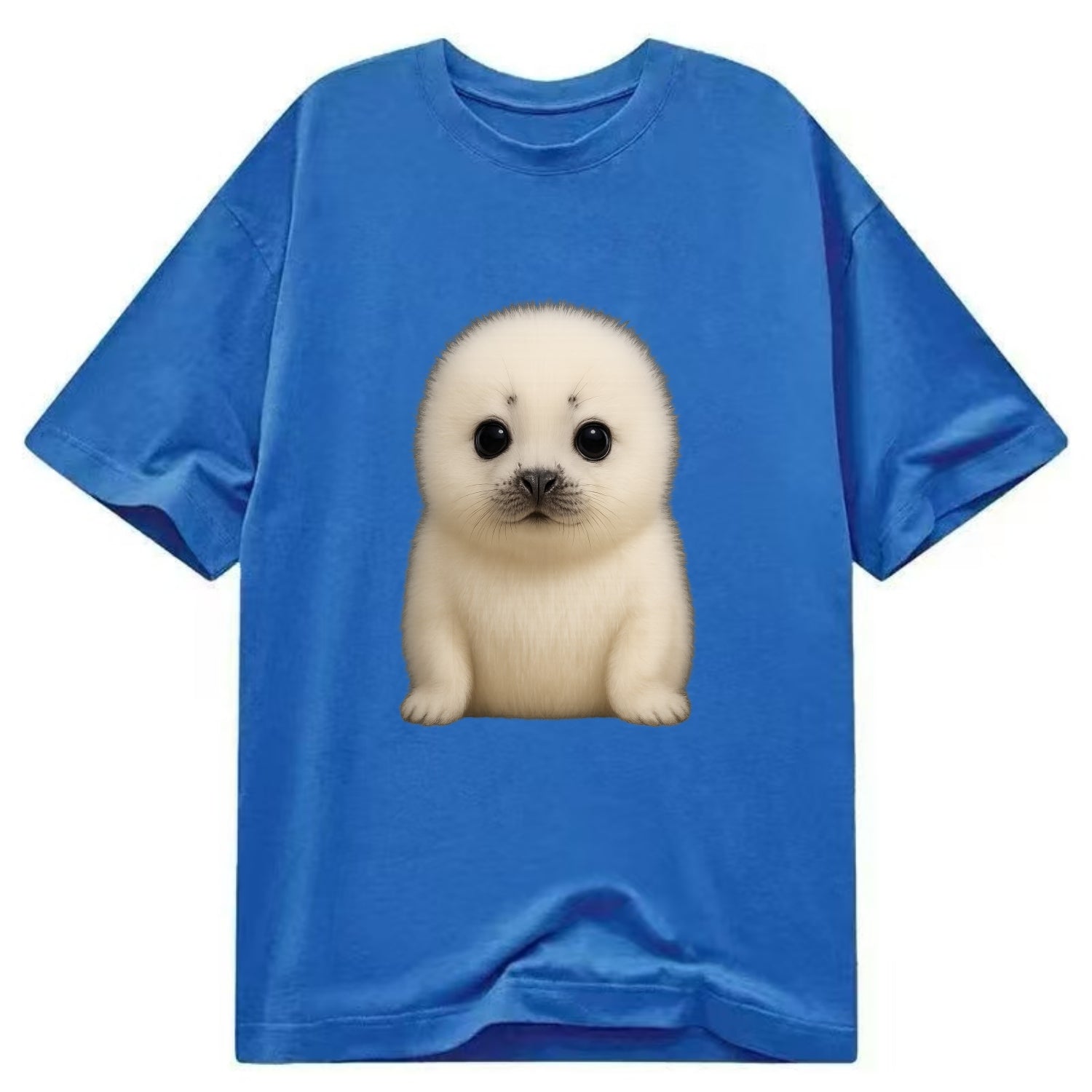 Baby Harp Seal - pure white fluffy fur, enormous dark eyes, front-facing, iconic - Classic T-shirt - Blue