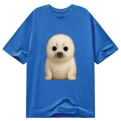 Baby Harp Seal - pure white fluffy fur, enormous dark eyes, front-facing, iconic - Classic T-shirt - Blue