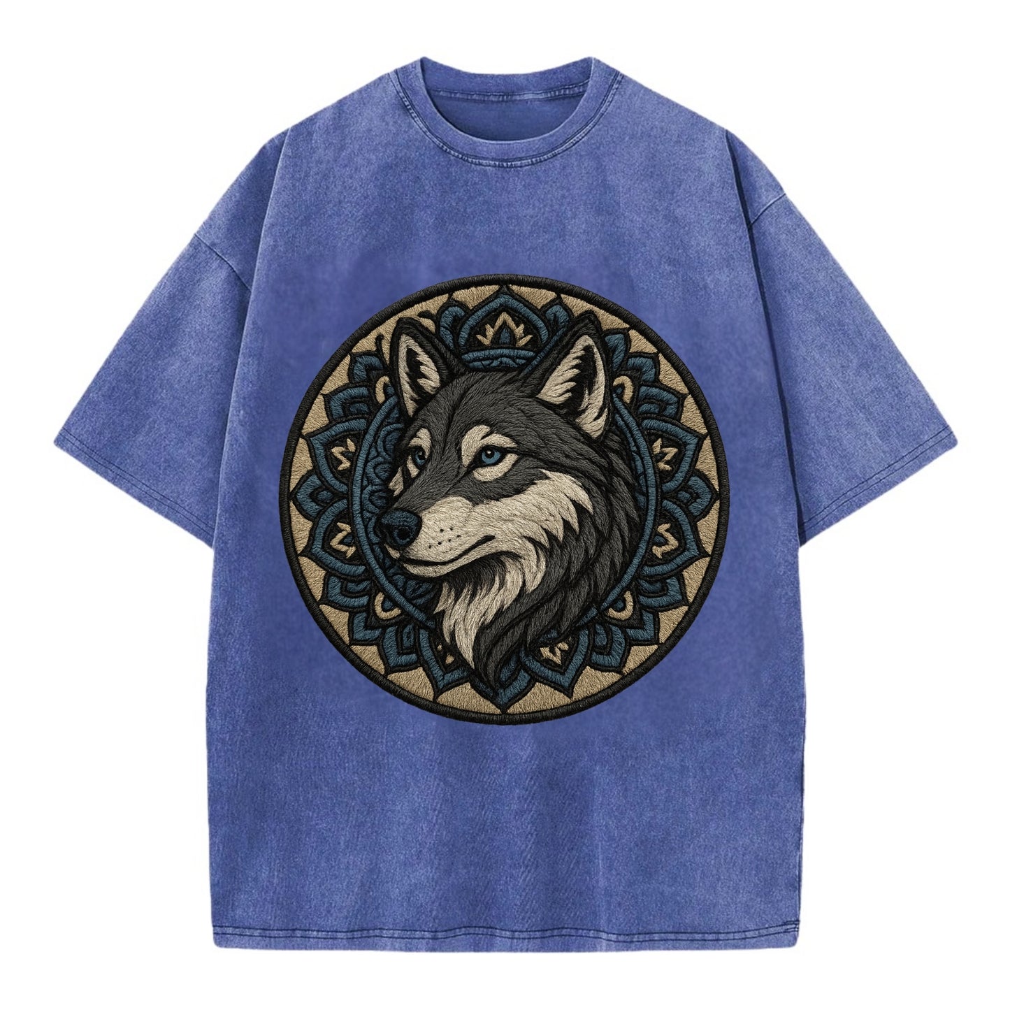 Mandala Wolf Pattern  - Vintage T-shirt - Blue