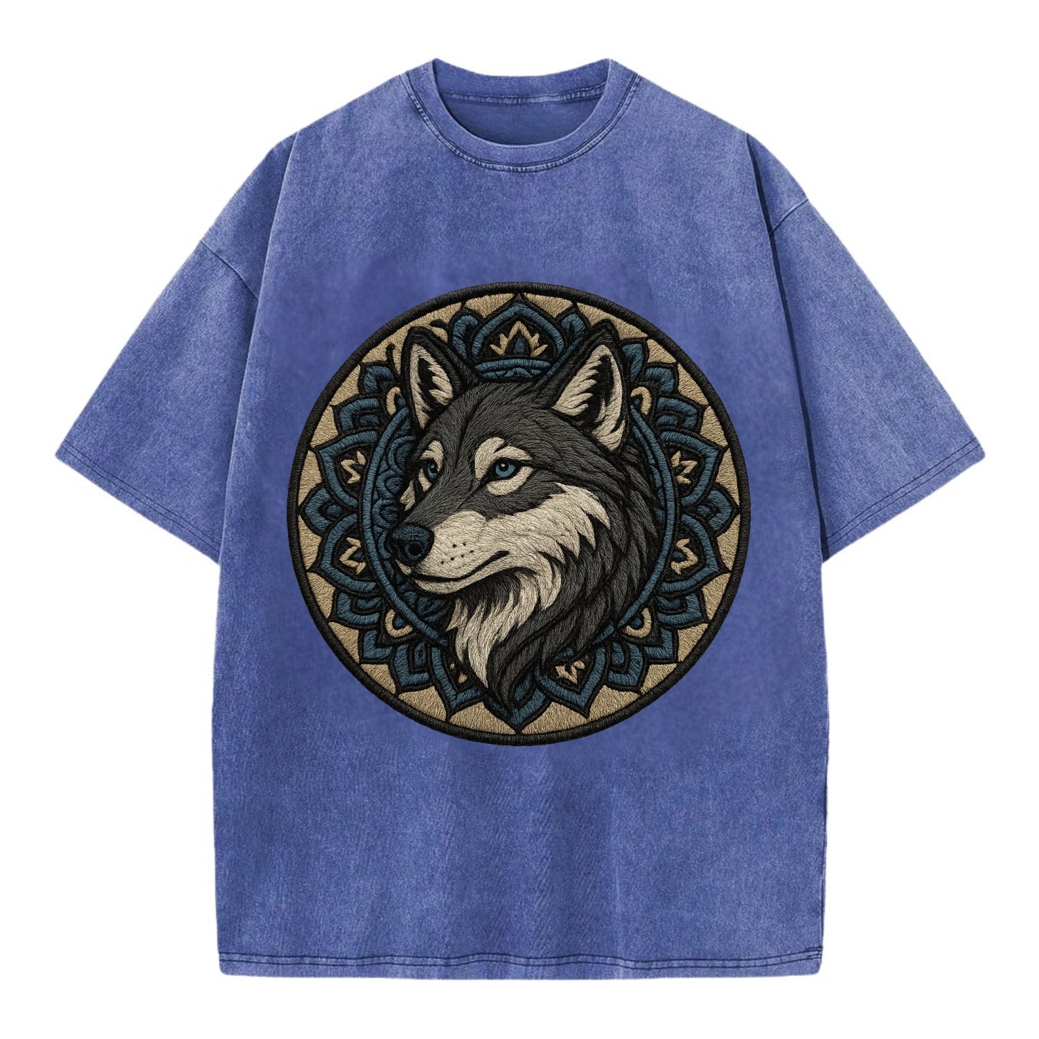Mandala Wolf Pattern  - Vintage T-shirt - Blue