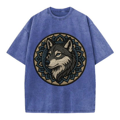 Mandala Wolf Pattern  - Vintage T-shirt - Blue