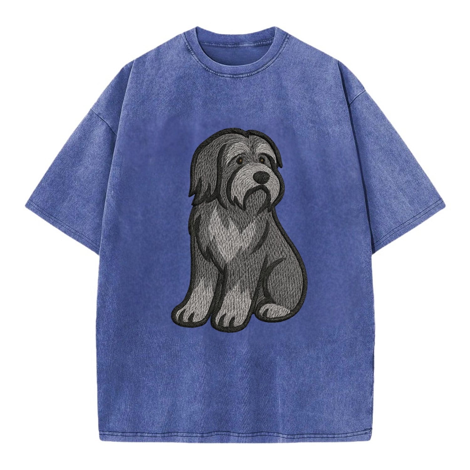 Bearded Collie - Gray shaggy coat embroidered pose - Vintage T-shirt - Blue