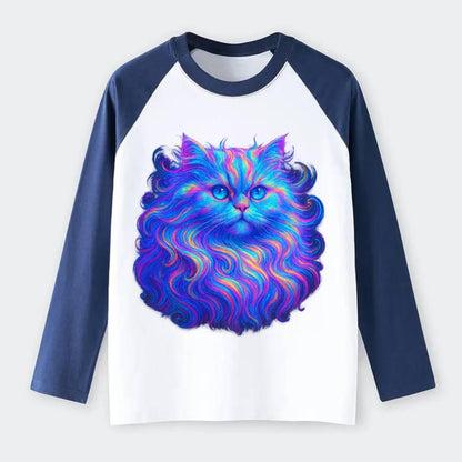 Luxurious Persian cat with flowing fur that refracts into rainbow - Raglan Long Sleeve T-Shirt - Blue