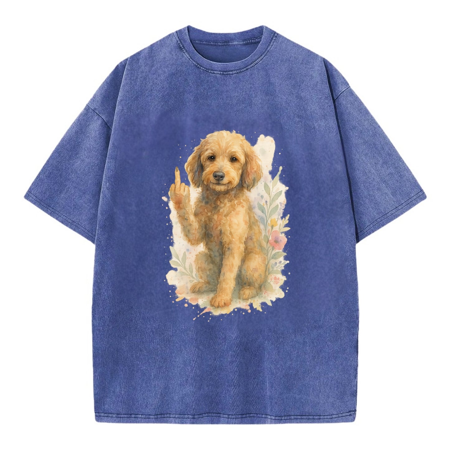 Labradoodle hypoallergenic with wavy coat, intelligent eyes, paw raised - Vintage T-shirt - Blue