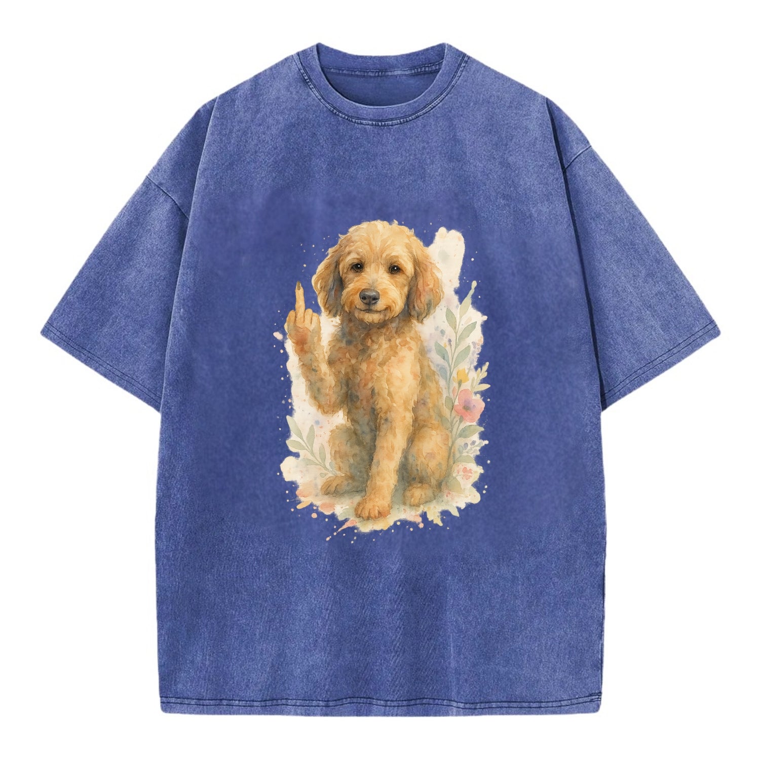 Labradoodle hypoallergenic with wavy coat, intelligent eyes, paw raised - Vintage T-shirt - Blue