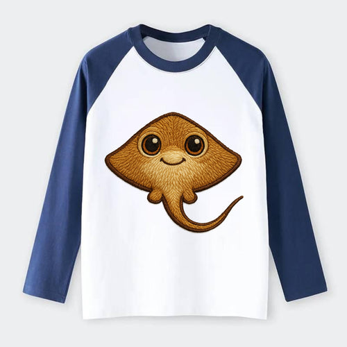 Baby Stingray - flat body, long tail, eyes on top, front-facing, - Raglan Long Sleeve T-Shirt